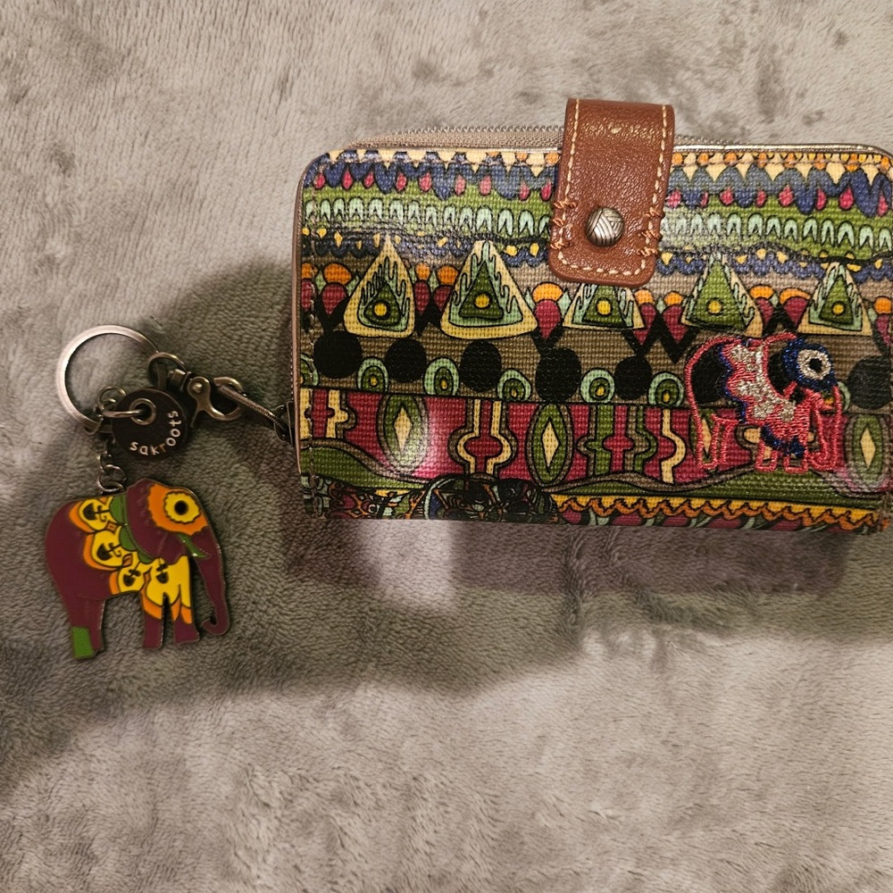 Sakroots Multicolor Patterned Zip Wallet with Brown Trim